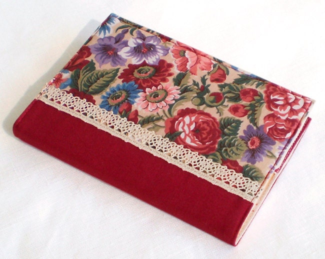 Fabric Journal Cover October Roses Handmade A6 Notebook Diary Cover Red Maroon Burgundy Pink Purple Flowers With Lace