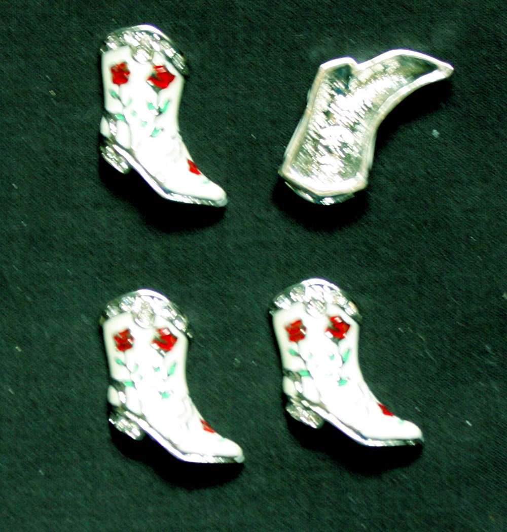 White Enamel Rose Cowgirl Boots Pendant/Charms with Red Roses and Clear Rhinestones - Supplies Bead - Jewelry Pendant