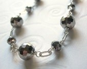 Silver Glass Beaded Necklace, Faceted, Sterling Silver Hammered Link, Chain, Wire Wrapped, Sparkly, Gray Metallic, Slate, Grey, Pyrite