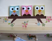 Owl Friends Shelf and Peg Rack Combo -Blue, Pink, Yellow - eco-friendly by Maple Shade Kids