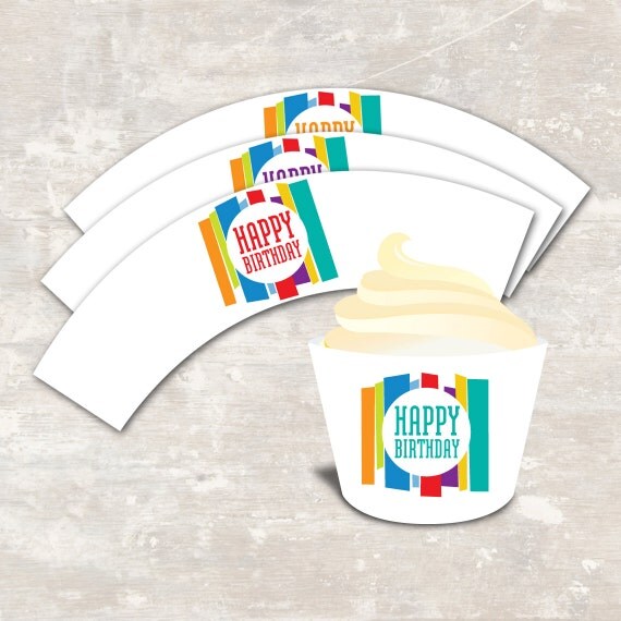 PRINT & SHIP Mod Stripe Birthday Party Cupcake Wraps (set of 12) Il_570xn