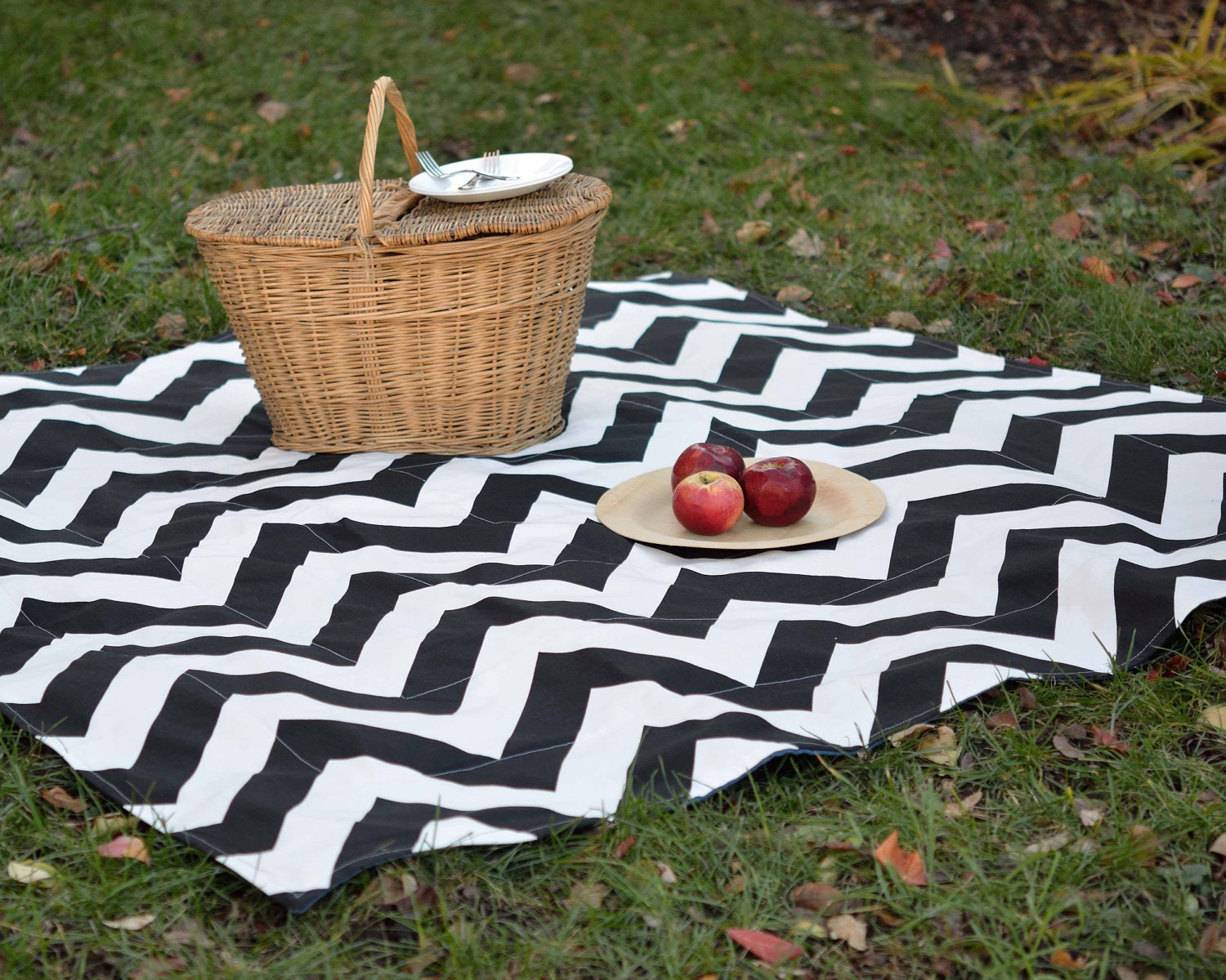 Picnic Blanket - Modern Chevron Geometric Black and White - Portable Outdoors Summer Food Blanket - Birthday Gift for Men