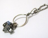 Hand Forged Silver with Grey Crystals and Pearl Necklace - Sterling Silver - Blue Peacock Pearl Necklace