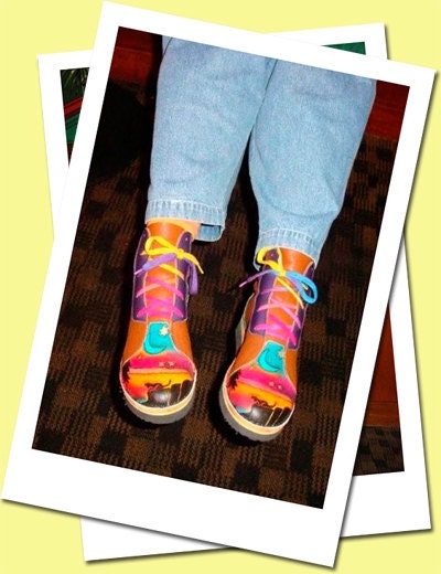 Leather Handmade Shoes - Cat Moon Sunset Red Blue Orange Multicolored Cats, High Top Custom Made Size 5, 6, 7, 8, 9, 10