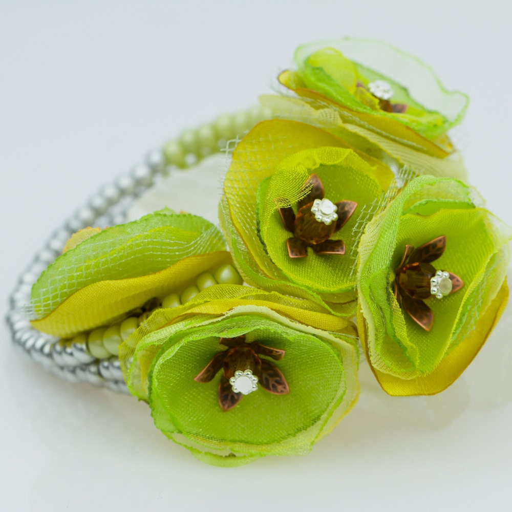 Flirty Flower Bracelet / Cuff - Perfect Bridesmaids Gift - in Silver,Lime & Yellow  - Comes Gift Wrapped - Handmade Jewelry by VividColors