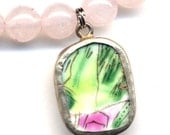 Rose Quartz Necklace with Old Pottery Pendant - Pink and Green Peandant -   OOAK Necklace - Handmade Jewelry by AnnaArt72