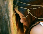 Chain Headpiece Headband Hair Piece Gypsy Bohemian Hipster Boho Bronze Emerald Crystal Charm DrapesBridal  Jewelry