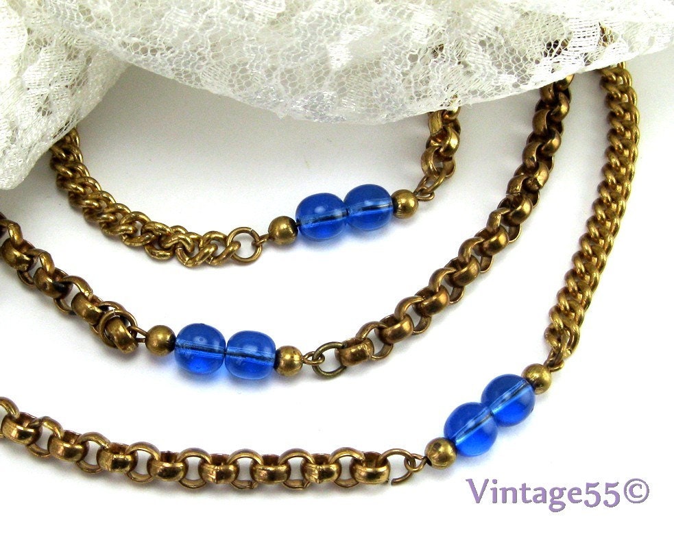 Vintage Necklace 1930s Blue glass beaded Rolo chain 58 inch