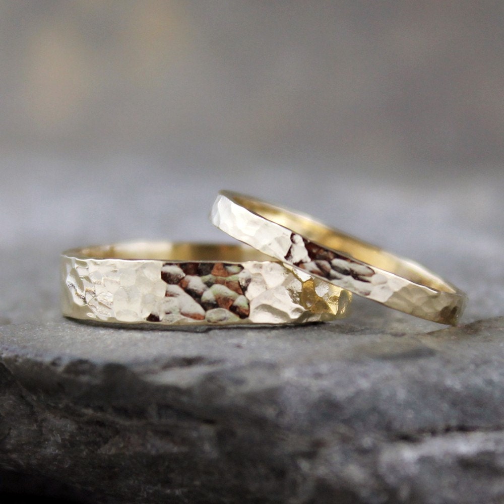 His and Hers 10K Yellow Gold Wedding Bands  - Hammered Finish - Designed and Handmade by A Second Time