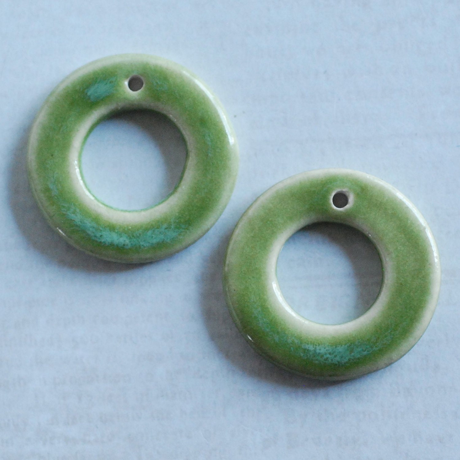 Ceramic Bead Donut One Pair in Porcelain Clay Fern Green