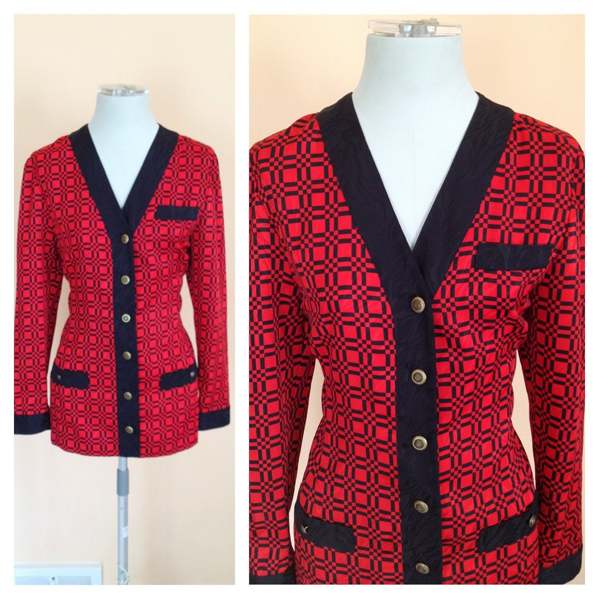 Vintage Black and Red Geometric Blouse. Button Up. Antique Gold. Papell Boutique. Size 8. 1980s. Fall. Festive. Holiday. Oversized Blouse.