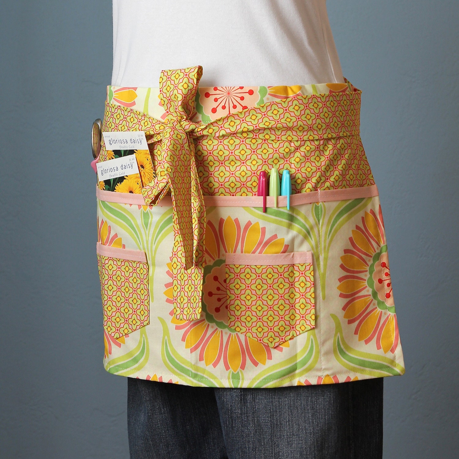 Garden Apron, Craft Apron or Vendor Apron with Heather Bailey Fabric Bold Colorful with multiple pockets