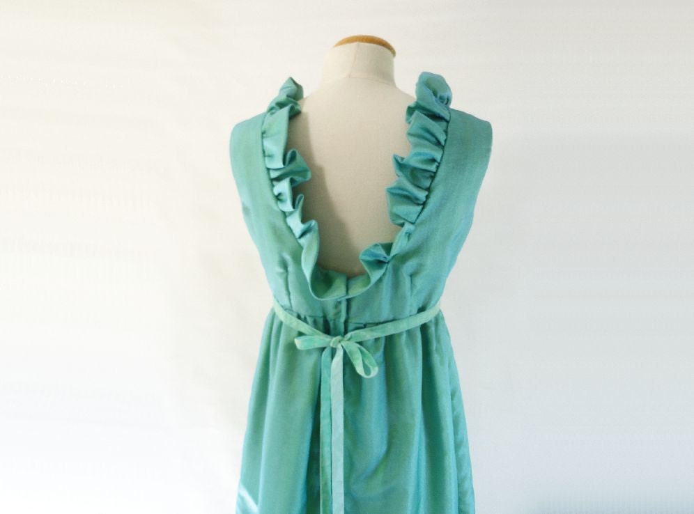 Vintage 60s Dress Aqua Long Empire Ruffled Low Back Silk Formal