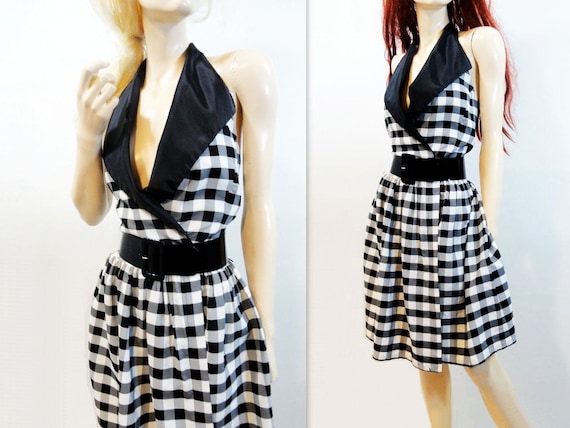 Vintage Dress 1980s Does 50s Marilyn Monroe Paris Designer Black White Plaid Halter Dress  S / M