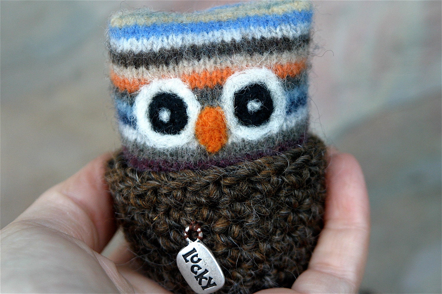 Little Lucky Owl recycled felted striped wool plushie needle felt crocheted nest kids toy (woolcrazy)
