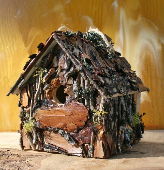 Rustic Hanging Birdhouse with Pine Bark Roof and Pine Stick and Bark Sides
