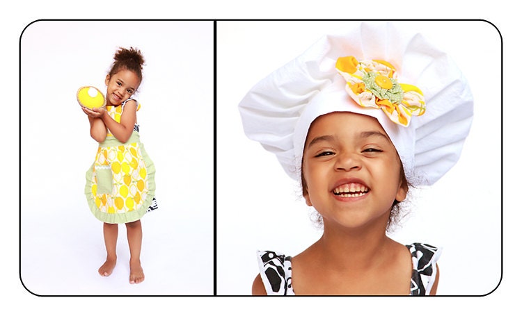 Childrens Apron and Chef Hat Set for Girls Juicy Lemon Fabric