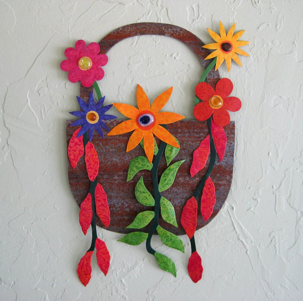 Art sculpture metal wall hanging basket metal flowers and leaves red orange blue purple