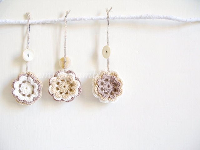 Shabby chic festive flower charms, three crochet Christmas decorations in rustic cream, taupe and white - READY TO SHIP, by Emma Lamb