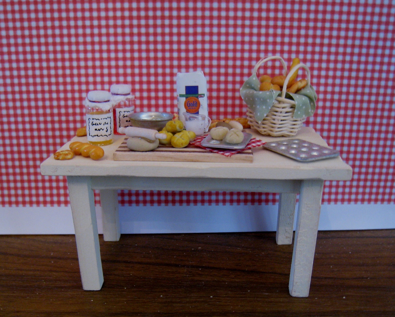 Baking Day Table. Buttermilk Farm. Twelfh scale dollhouse miniature