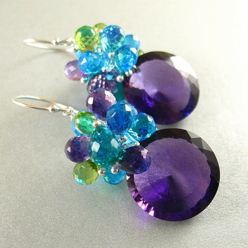 Contemporary Amethyst, Peridot and Quartz Gemstone Lux Earrings