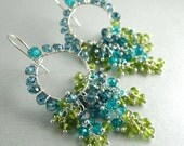 Colorful Gemstone Wrapped Hoop Dangling Cluster Sterling Earrings