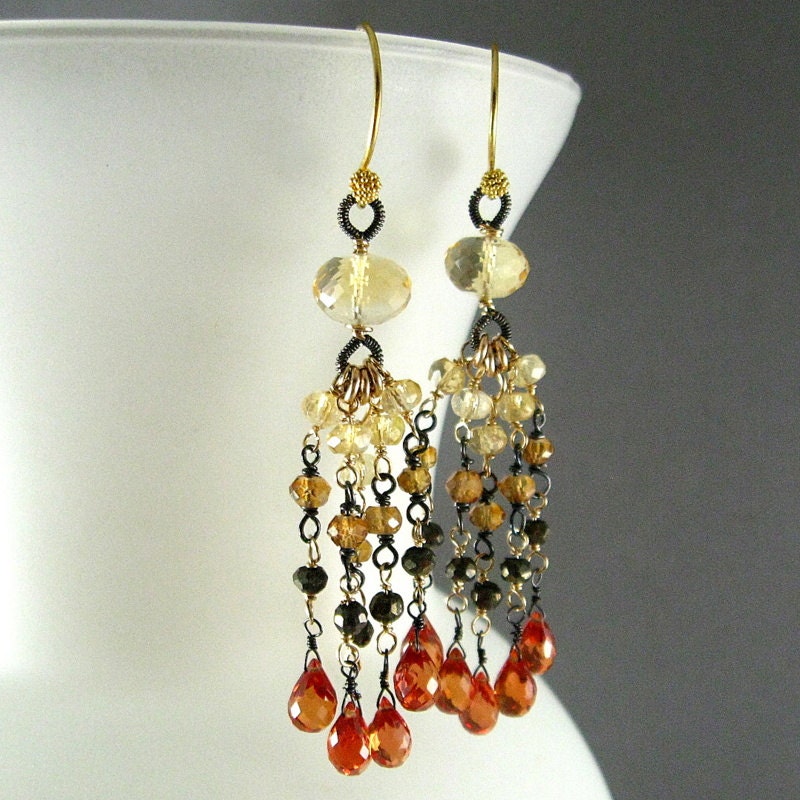 Mixed Metal Citrine, Pyrite, and Quartz Dangle Earrings