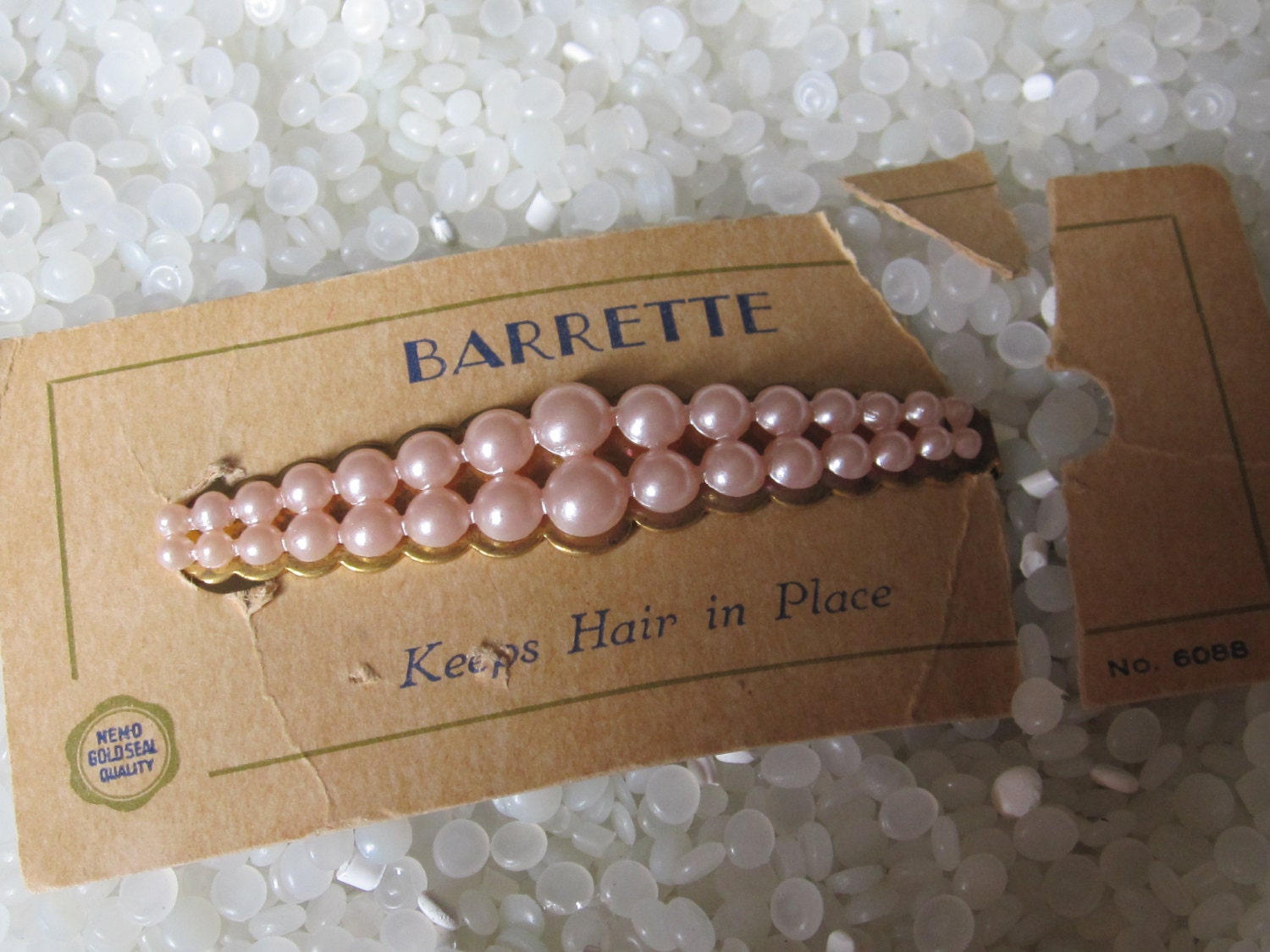 vintage barrette brass with pink molded  faux pearls