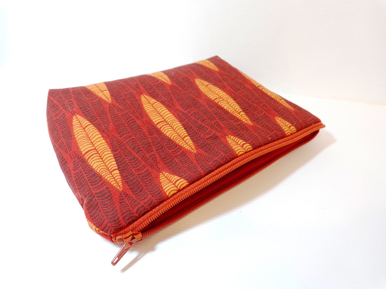 Medium Zipper Pouch Cosmetic Pouch Pencil Case Tribal Pattern in Pumpkin and Brown