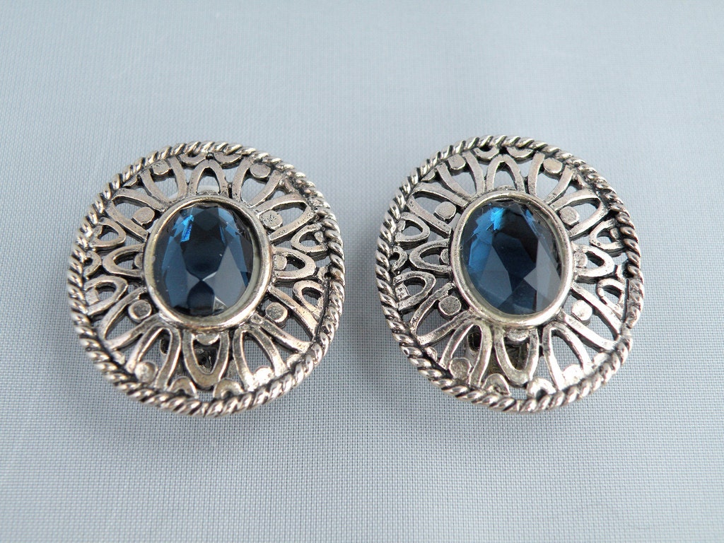 Vintage Earrings Silver Colored Metal with Blue Cabochon