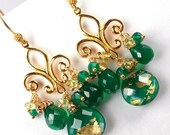 ON SALE 40% off - Emerald Green Earrings Gold Fleur de Lis Earrings Peridot Green Onyx Wire Wrapped Gold Filled Dangle Cluster Gold Leaf