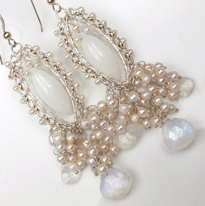 Bridal Jewelry Pearl Moonstone Bridal Earrings Wire Wrapped Silver Long Cluster  Statement Wedding Earrings
