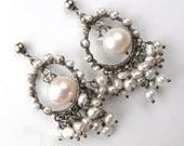 Pearl Chandelier Earrings Cluster Oxidized Sterling Silver Wire Wrapped Handmade Post Earrings Spring Fashion- Wylma