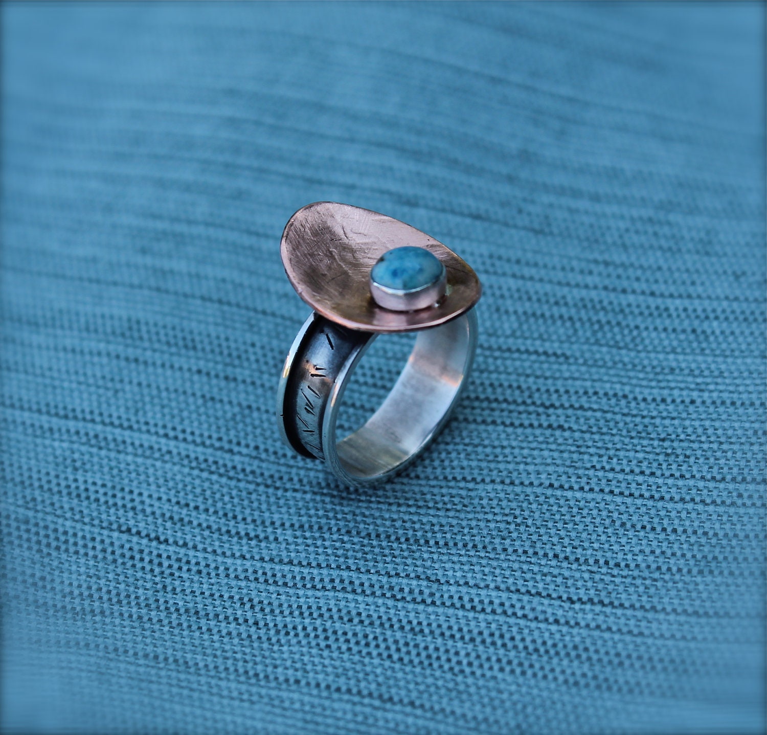 Sterling Silver Copper Lapis Ring. Blue denim lapis. abstract design ring. Hand textured. hand stamped. OOAK
