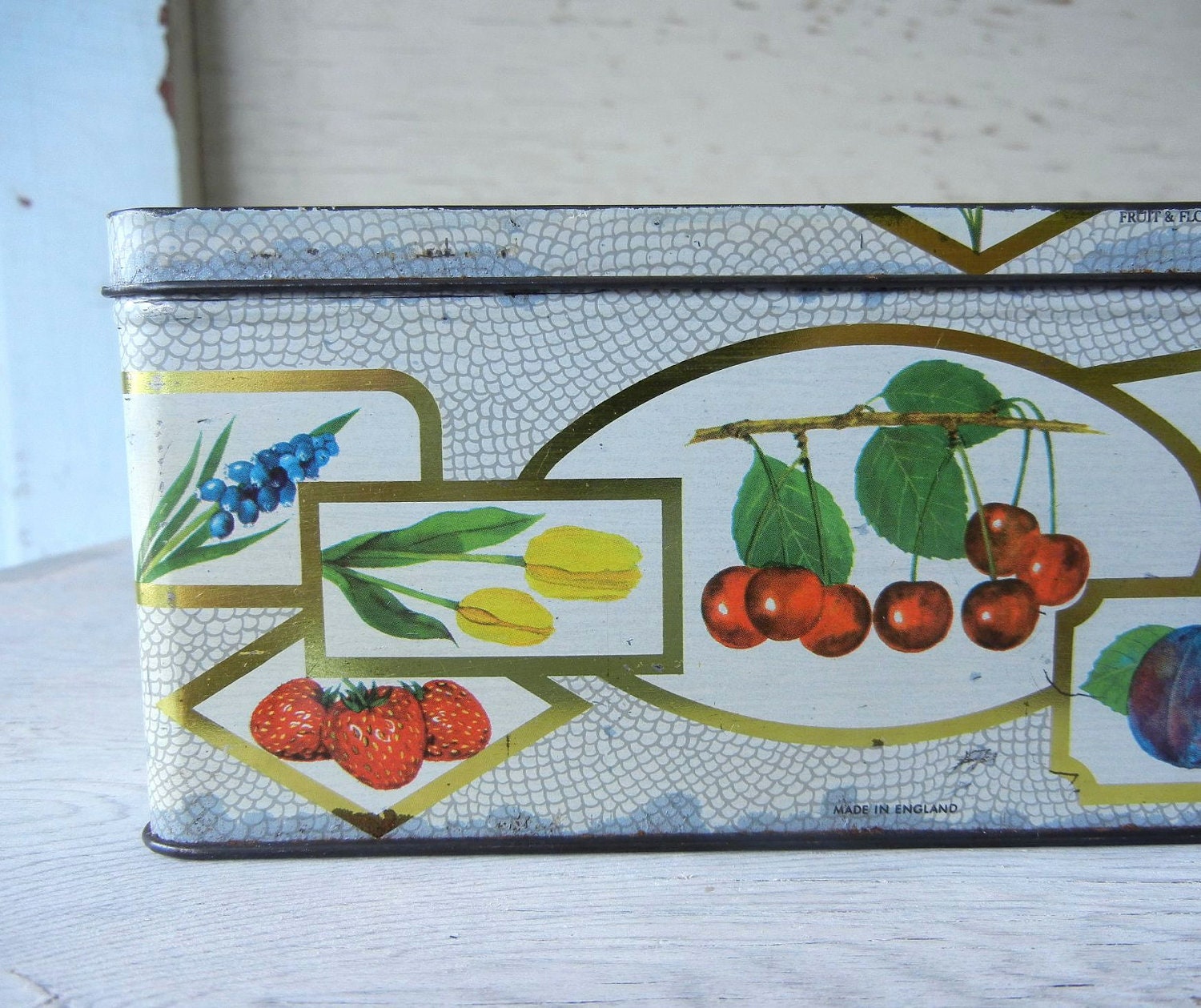 Vintage Tin with Hinged Lid and Cherries Fruit & Floral Motif England