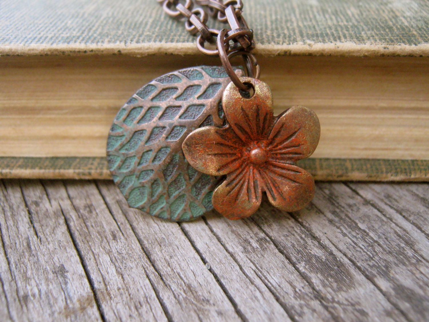 Flower Charm Necklace. Patina Leaf Necklace. Orange Flower. Patinaed Copper Leaf Charm. Hand Painted Charm Necklace. Copper Chain Necklace.