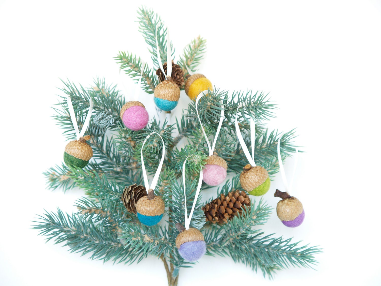 Acorn Christmas Ornaments, Felt Decorations, Needle Felted Wool, 10, Holiday Decorating, Rustic, Natural Nature inspired Woodland