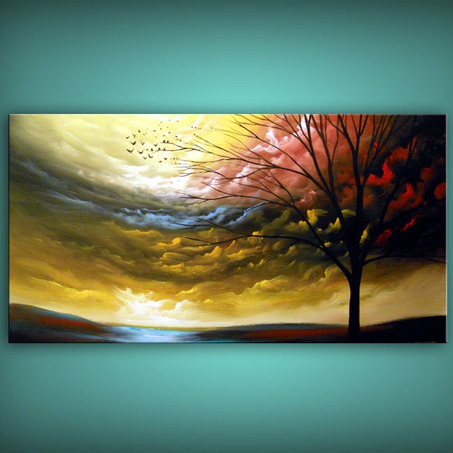 Large HUGE tree painting cloud painting original painting landscape painting  earth tone bird sunset  48 x 24 Mattsart