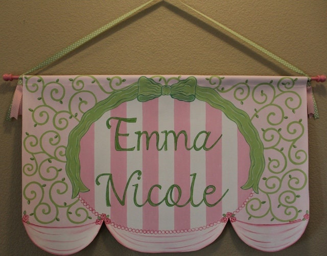 Custom Pink and Green Swirls Toile Personalized Princess Wall Hanging Art Girl's Bedroom Nursery Decor