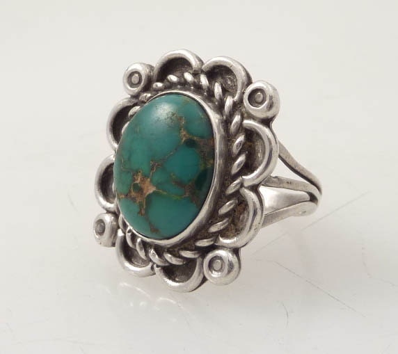 Size 7.5 Antique Native American Crackled Turquoise Sterling Ring
