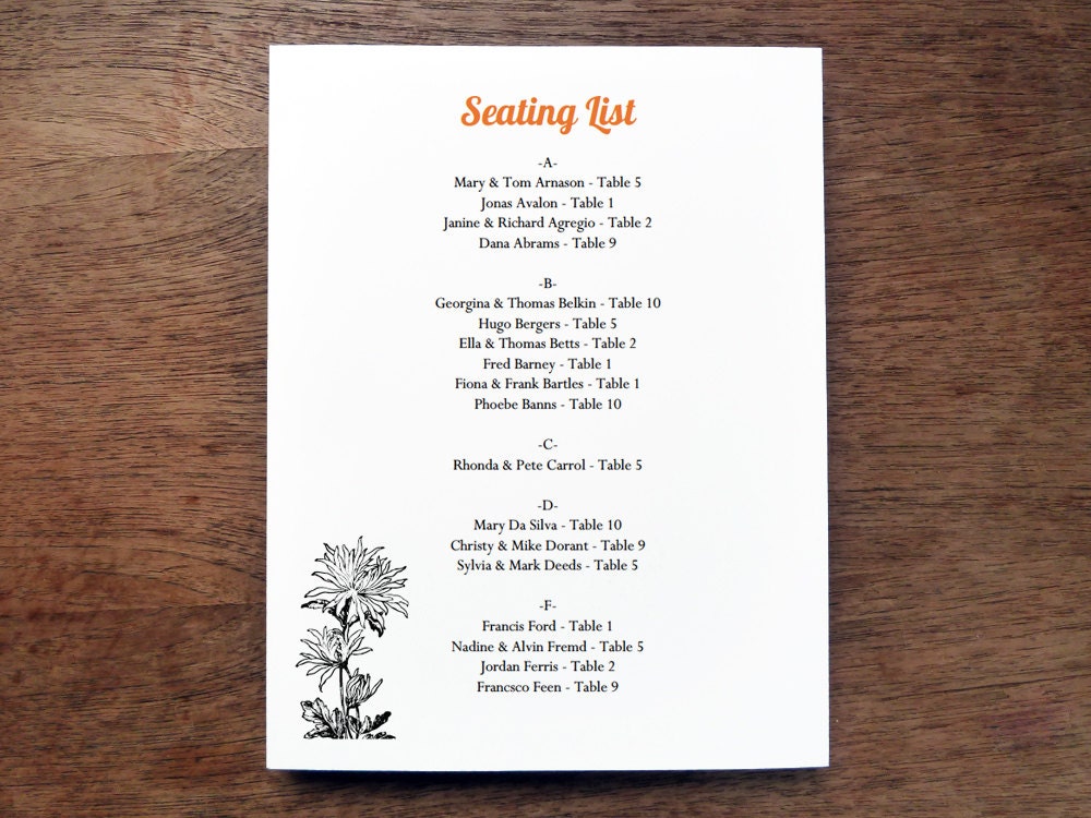 Printable Wedding Seating Chart - Dahlia