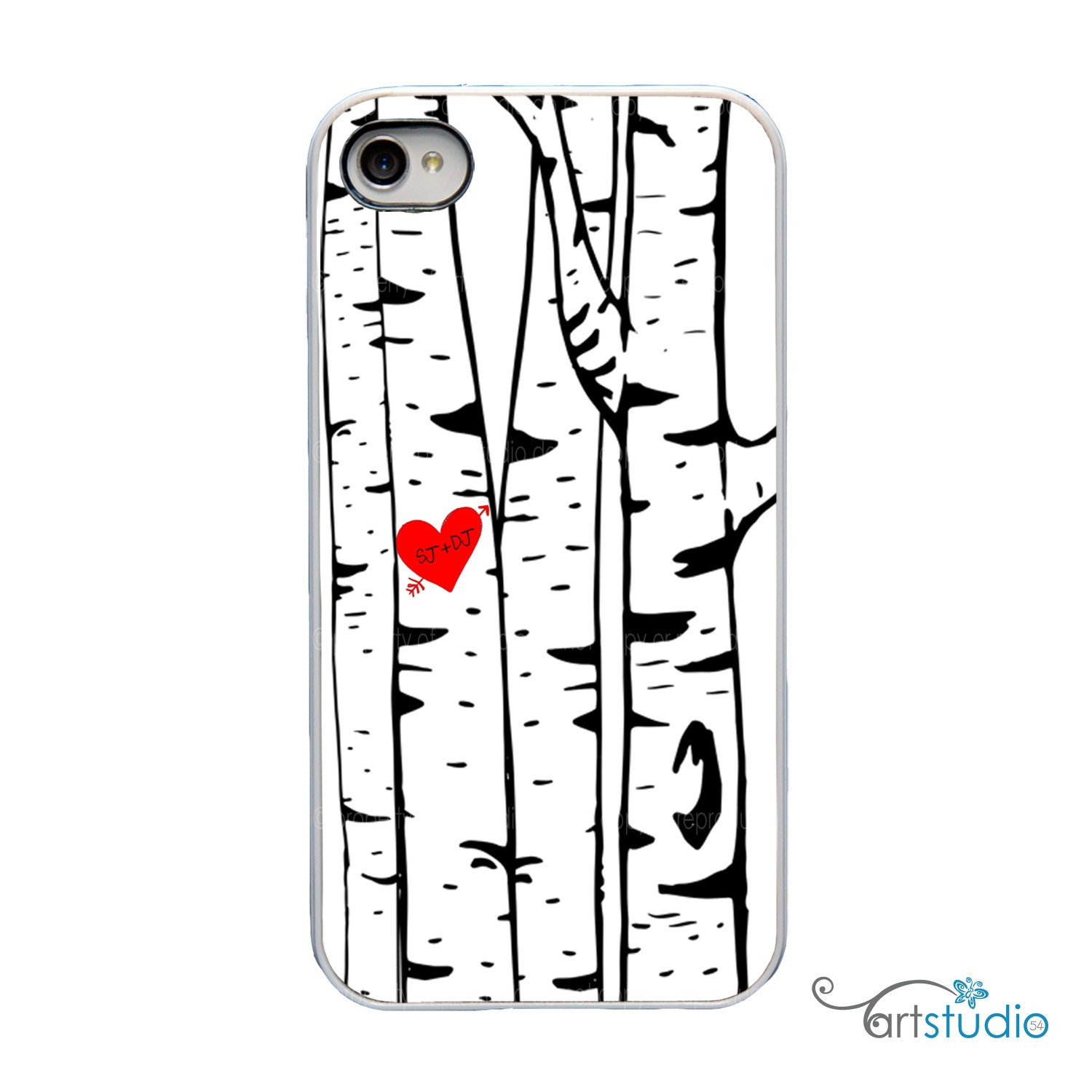 Birch Trees Heart Initials with White, Black or Clear Sides iPhone Case - IPhone 4, 4s, 5 Hard Cover - Fun Unique Trendy  - artstudio54