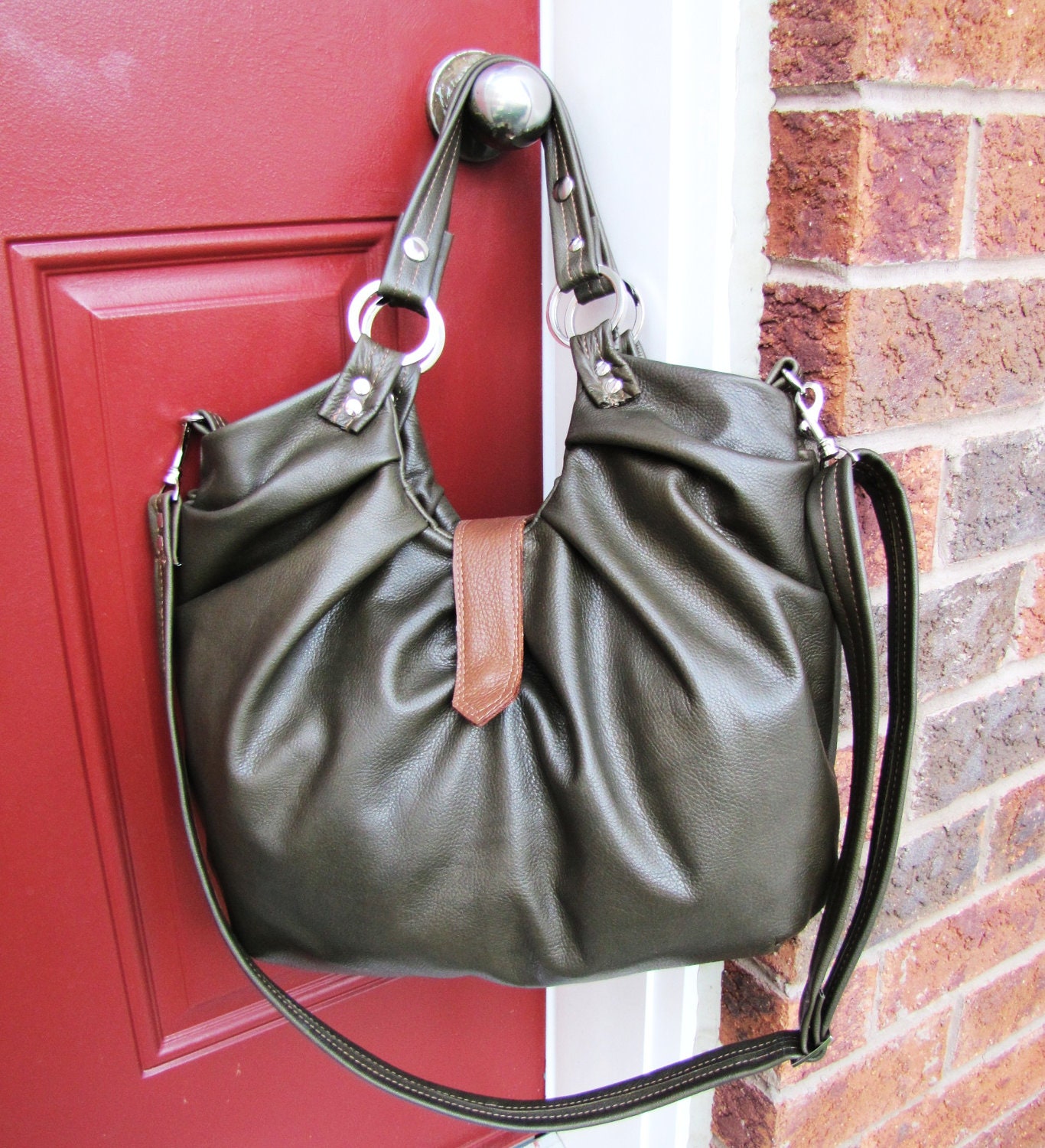 LEATHER bag, large pleated purse, 3 way bag - Olive green with tan accent