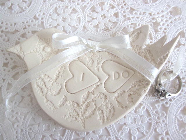 I Do Text - Antique White heart bowl - wedding ring dish - Ring bearer bowl - porcelain (C)