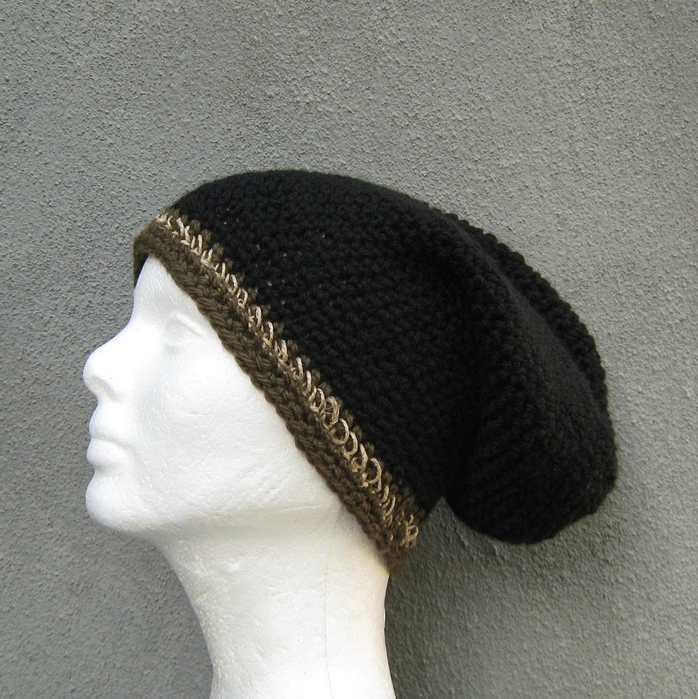 men's slouchy beanie/ deep black wool n' hemp crochet