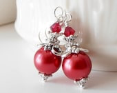 Bridesmaid Earrings Apple Red Pearl Dangles with Swarovski Crystals in Silver Beaded Drops Red Wedding Bridesmaid Jewelry