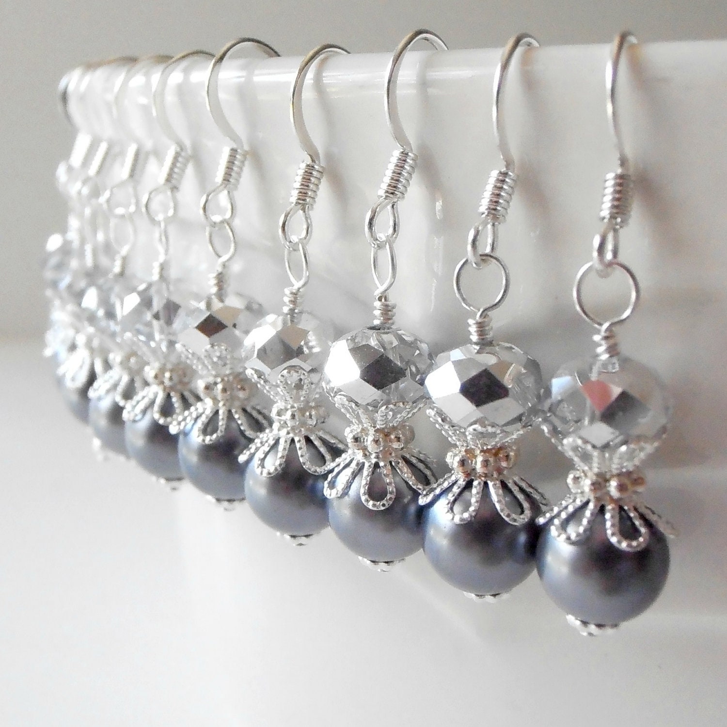 Dark Gray Pearl Bridesmaid Earrings Faceted Silver Crystal Dangles Bridal Party Jewelry for Weddings Beaded Bridesmaid Jewelry