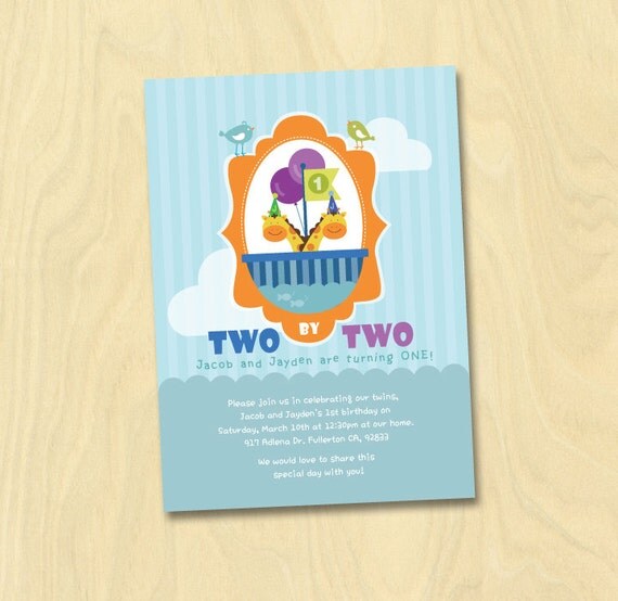 Custom Noah's Ark, Two by Two, Giraffe Twin Birthday Invitation Il_570xn