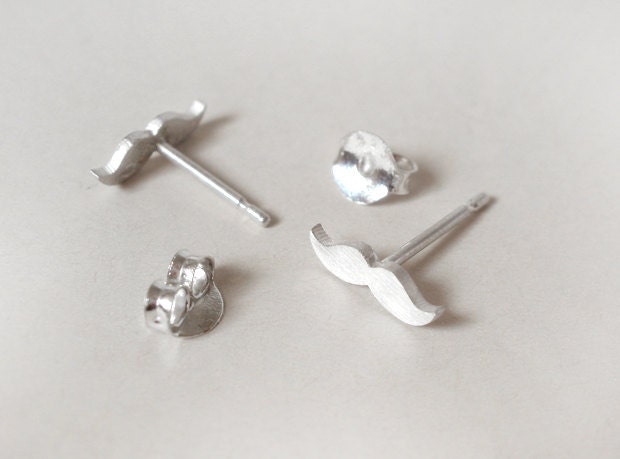 mustache earring studs in sterling silver, handmade in the UK