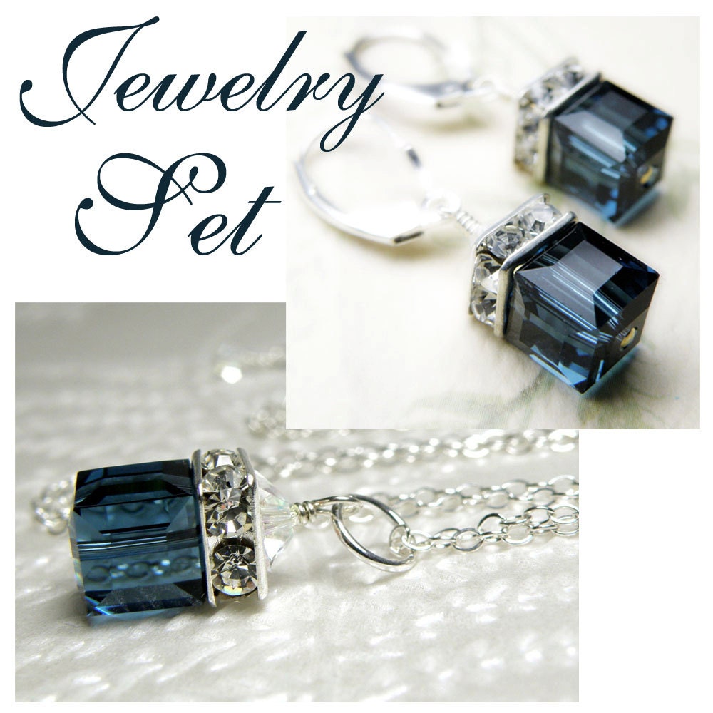 Bridesmaid Jewelry, Sapphire Blue Necklace and Earrings Set, Swarovski Crystal, Silver, Wedding Jewelry, September Birthday